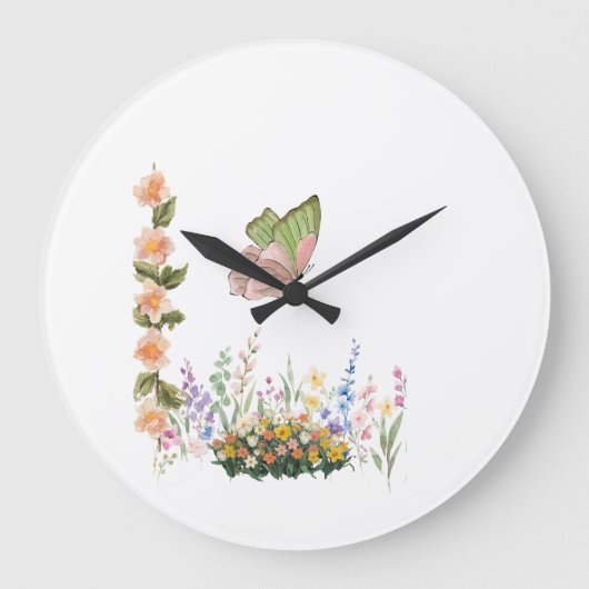 Butterfly & Wildflower Garden Wall Clock – Soft Pi ラージ壁時計 (正面)