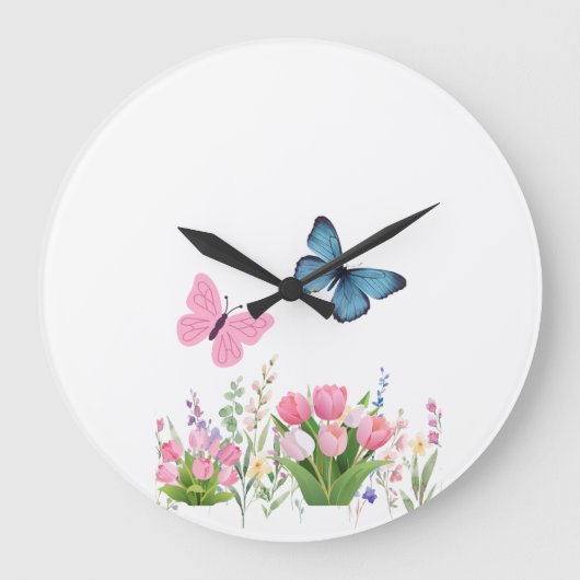 Butterfly & Wildflower Garden Wall Clock – Soft Pi ラージ壁時計 (正面)