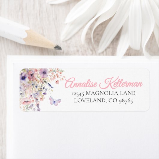 Butterfly Wildflower Return Address Label ラベル (インサイチュ)