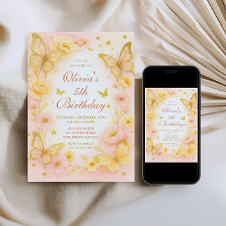 Butterfly Yellow and Pink Birthday Invitation 招待状
