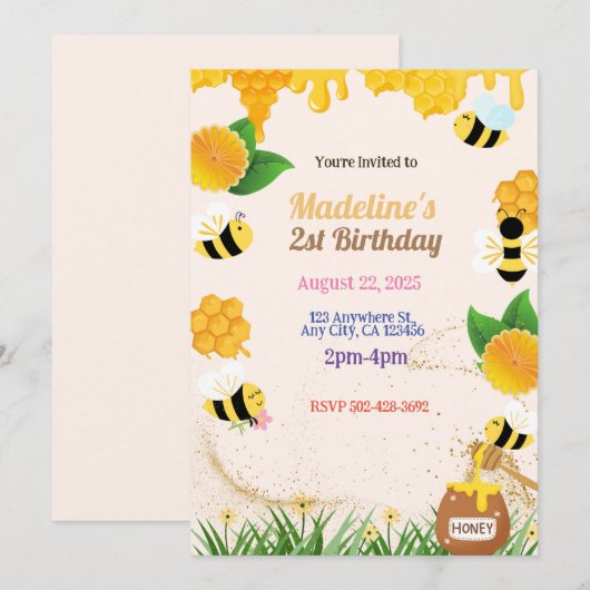 Buzing Bee Birthday Partyへの招待 招待状 (正面/裏面)