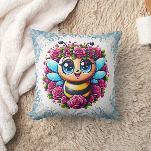 Buzzing Bee with Pink Roses クッション (ブランケット)
