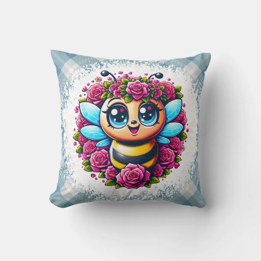 Buzzing Bee with Pink Roses クッション (正面)