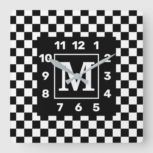 BW モノグラムの 市松模様に Square Wall Clock スクエア壁時計 (正面)