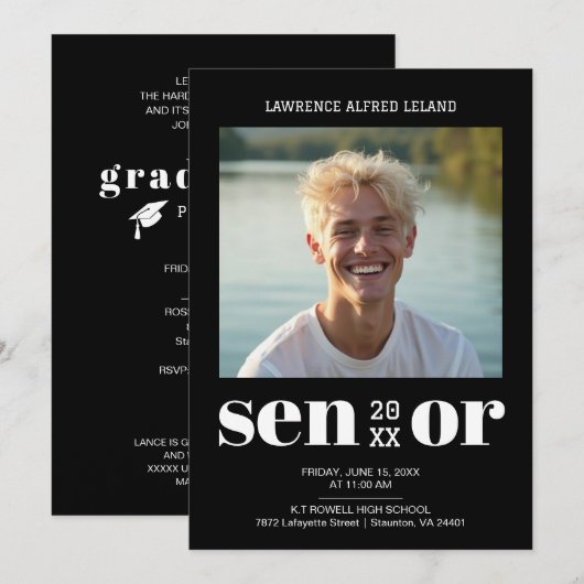  BW Modern Editorial Senior Photo Cool Graduate  招待状 (正面/裏面)