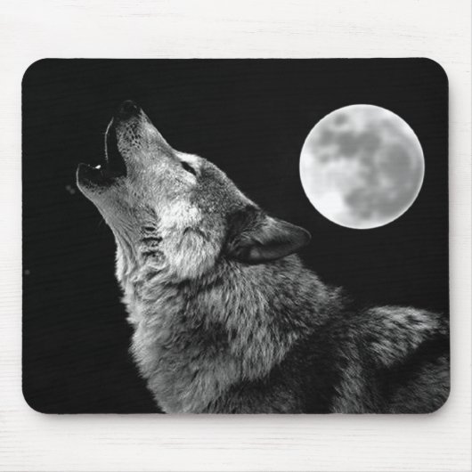 BW Wolf Howling at Moon マウスパッド (正面)
