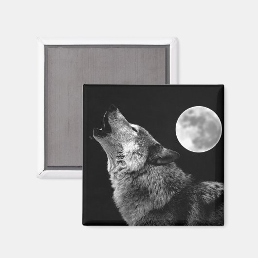 BW Wolf Howling at Moon マグネット (正面/裏面)