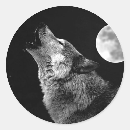 BW Wolf Howling at Moon ラウンドシール (正面)