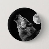 BW Wolf Howling at Moon 缶バッジ (正面)
