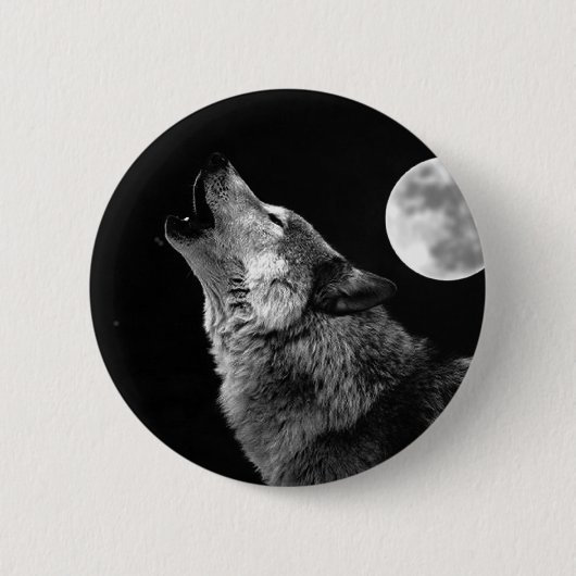 BW Wolf Howling at Moon 缶バッジ (正面)