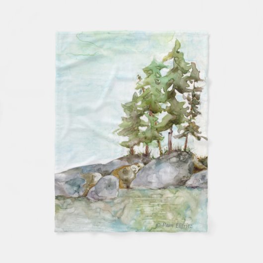 BWCAカヌーの国の水彩岩の上の木々 フリースブランケット (正面)