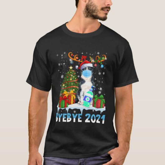 Bye Bye 2021 Border Collie Wear Mask Christmas Tre Tシャツ (正面)