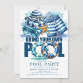 BYOプールサマー パーティー ブルーターコイズ ウォーターカラー 招待状 (正面)