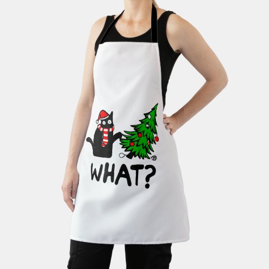 Cにおもしろいクリスマスツリーを押し付ける黒猫ギフト エプロン (インサイチュ)