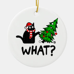 Cにおもしろいクリスマスツリーを押し付ける黒猫ギフト セラミックオーナメント