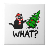 Cにおもしろいクリスマスツリーを押し付ける黒猫ギフト タイル (正面)