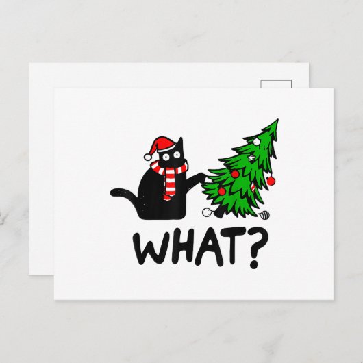 Cにおもしろいクリスマスツリーを押し付ける黒猫ギフト ポストカード (正面/裏面)