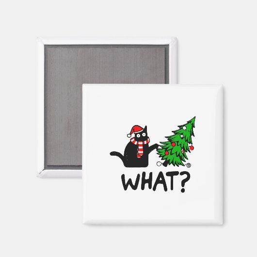 Cにおもしろいクリスマスツリーを押し付ける黒猫ギフト マグネット (正面/裏面)