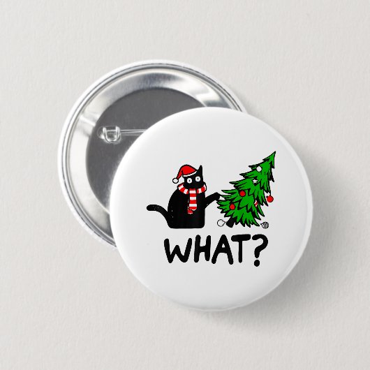 Cにおもしろいクリスマスツリーを押し付ける黒猫ギフト 缶バッジ (正面&裏面)