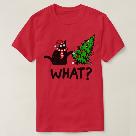 Cにおもしろいクリスマスツリーを押し付ける黒猫ギフト Tシャツ (デザイン正面)