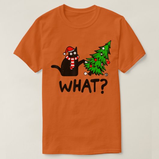 Cにおもしろいクリスマスツリーを押し付ける黒猫ギフト Tシャツ (デザイン正面)