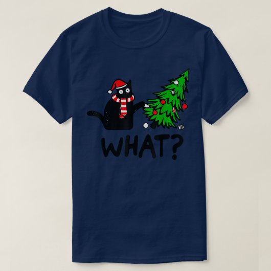 Cにおもしろいクリスマスツリーを押し付ける黒猫ギフト Tシャツ (デザイン正面)