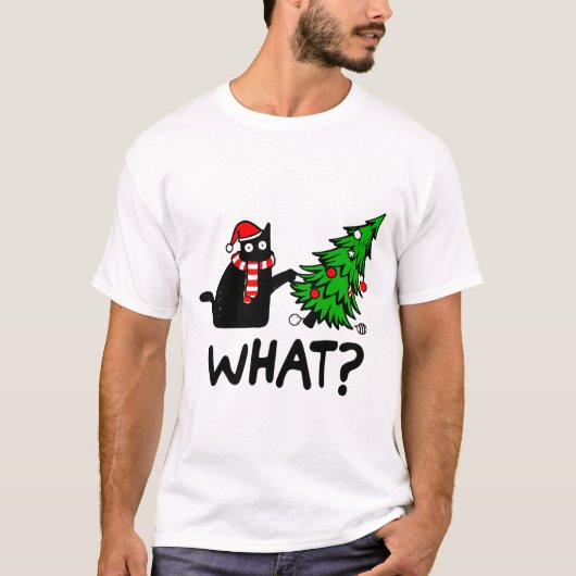 Cにおもしろいクリスマスツリーを押し付ける黒猫ギフト Tシャツ (正面)