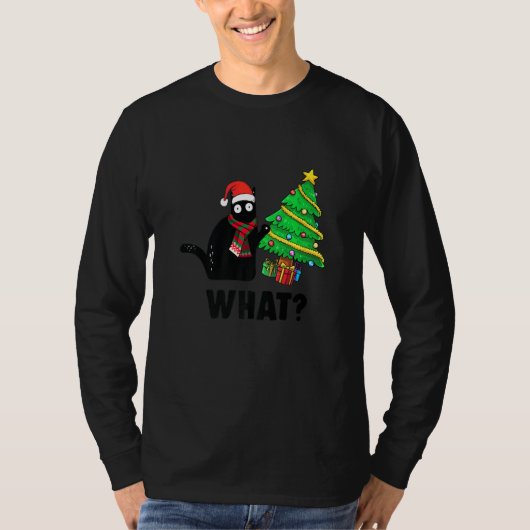 Cにおもしろいクリスマスツリーを押し付ける黒猫ギフト Tシャツ (正面)