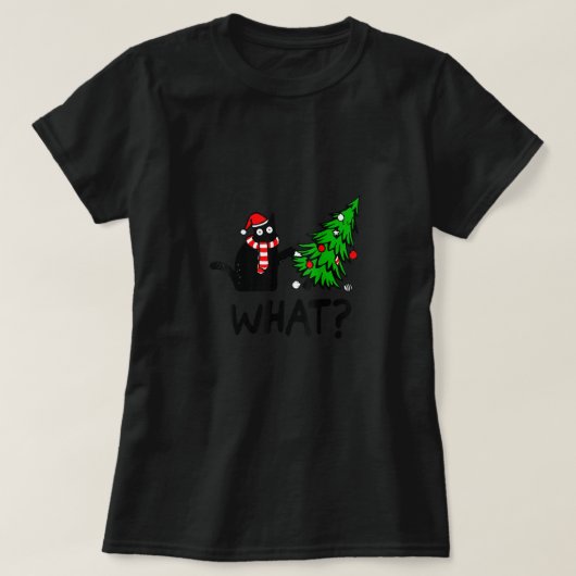 Cにおもしろいクリスマスツリーを押し付ける黒猫ギフト Tシャツ (デザイン正面)