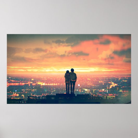 cを見て屋根の上に立っている若いカップル ポスター (正面)