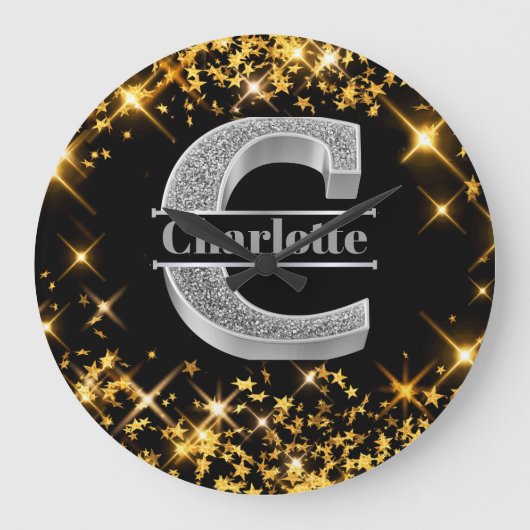 Cイニシャルパーソナライズされたシルバーモノグラムあなたの名前 ラージ壁時計 (正面)