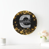 Cイニシャルパーソナライズされたシルバーモノグラムあなたの名前 ラージ壁時計 (ホーム)