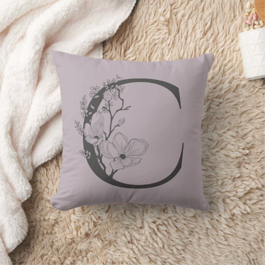 Cボホエレガントフローラモノグラムイニシャル薄紫グレイ クッション (ブランケット)
