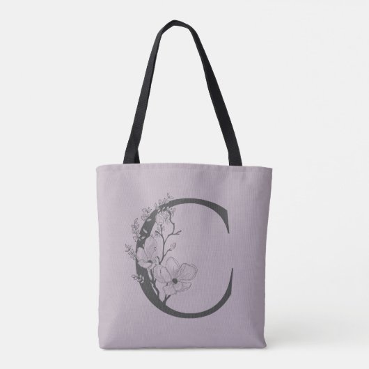 Cボホエレガントフローラモノグラムイニシャル薄紫グレイ トートバッグ (裏面)