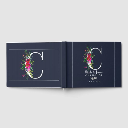 Cレターイニシャルモノグラムフローラ結婚名 ゲストブック (全面)