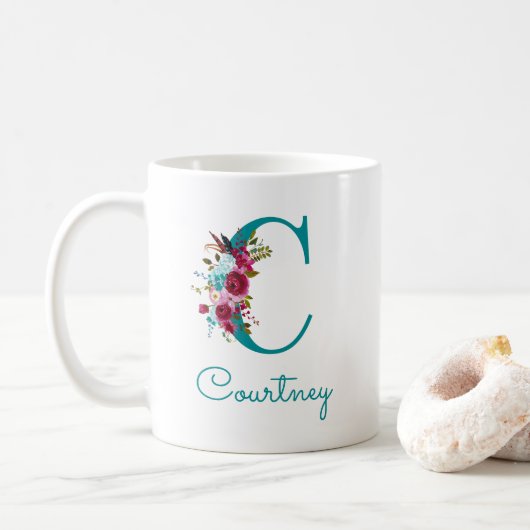 C文字入り ティールピンクの花柄 コーヒーマグカップ (ドーナツ)