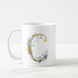 C金ゴールドイニシャル(青いフローラの葉) コーヒーマグカップ