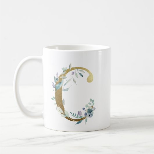 C金ゴールドイニシャル(青いフローラの葉) コーヒーマグカップ (左)