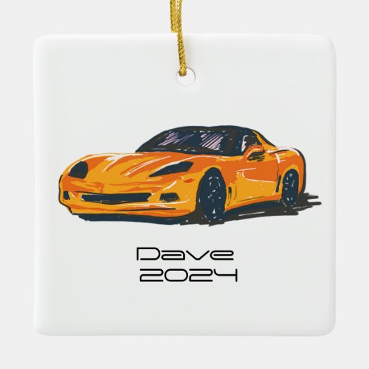 C6コルベットのスポーツカーオレンジ色の手描きスケッチ セラミックオーナメント (正面)