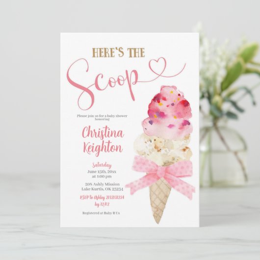 C6ピンクリボンガールアイスクリームベビーシャワー 招待状 (スタンド正面)