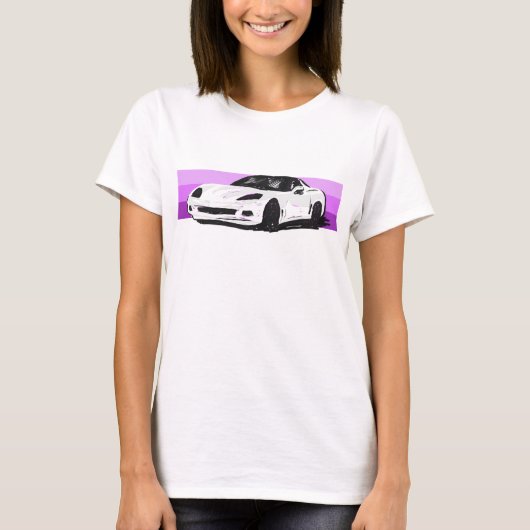 C6ホワイトコルベットのスポーツカーとピンクストライプ Tシャツ (正面)