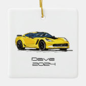 C7コルベットのスポーツカーイエローハンド描画スケッチ セラミックオーナメント (正面)