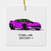 C7コルベットのスポーツカーピンクの手描きスケッチ セラミックオーナメント (正面)