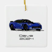 C7コルベットのスポーツカーブルーハンドドロースケッチ セラミックオーナメント (正面)