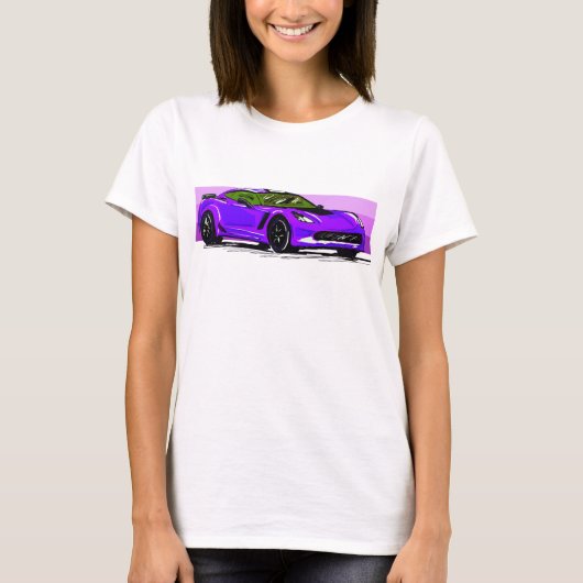 C7パープルコルベットのスポーツカーとピンクストライプ Tシャツ (正面)