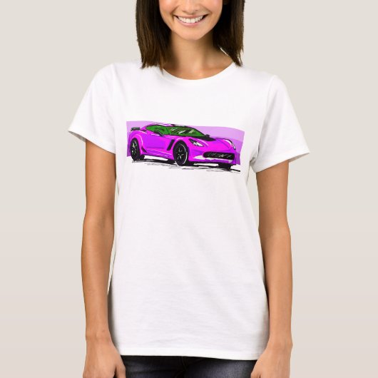 C7ピンクコルベットのスポーツカーとピンクストライプ Tシャツ (正面)