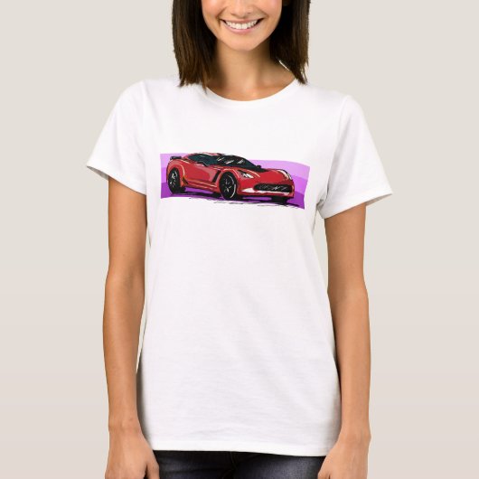 C7レッドコルベットのスポーツカーストライプカ Tシャツ (正面)
