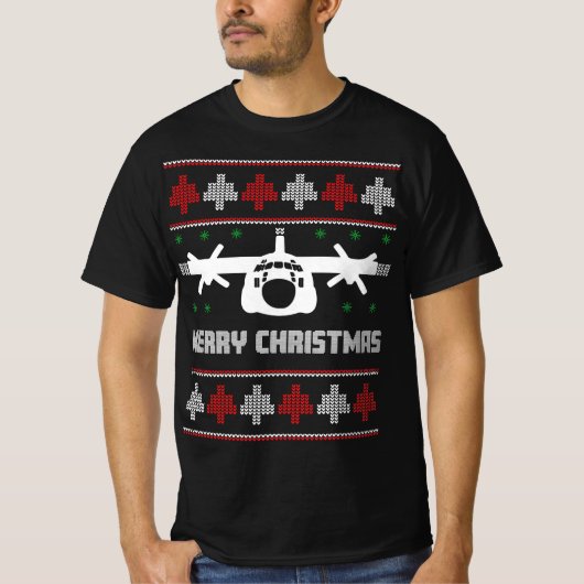 C-130ヘラクレス飛行機の醜いクリスマスセーター Tシャツ (正面)