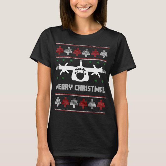C-130ヘラクレス飛行機の醜いクリスマスセーター Tシャツ (正面)