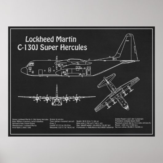 C-130ヘラクレス – 飛行機の設計図の計画PD ポスター (正面)